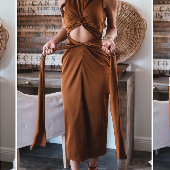 Brown satin cut out dress - Picture 4 of 6